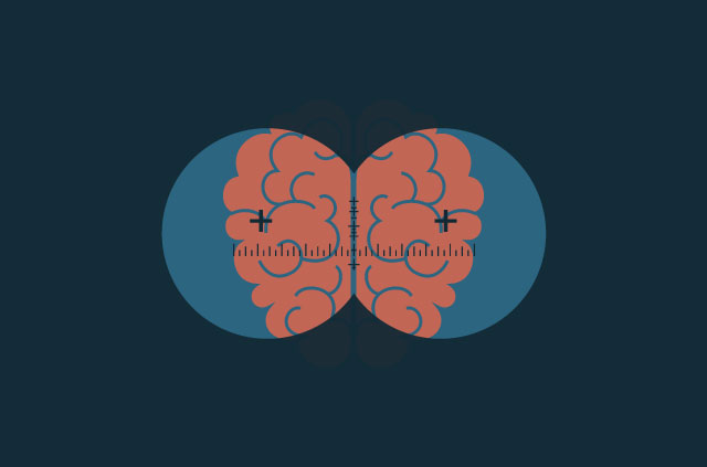 Bird's-eye view of a brain seen through military binocular vision.