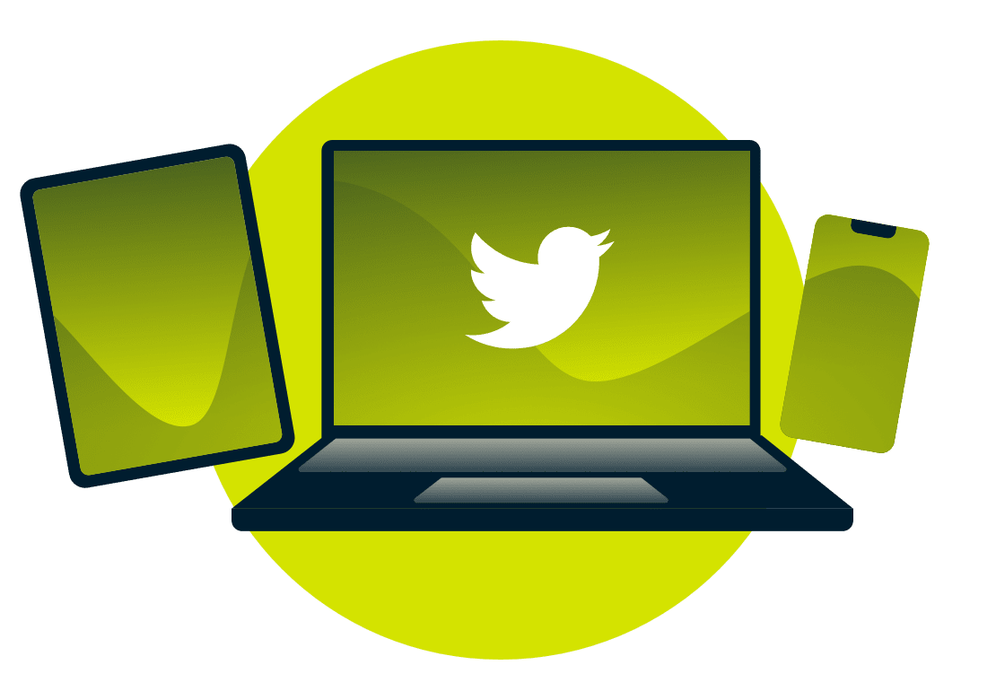 Un port&aacute;til, una tableta y un tel&eacute;fono con el logotipo de Twitter.